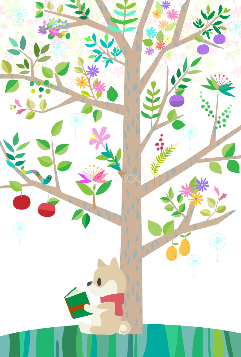 柴犬が木に腰をかけて読書する無料イラスト82522