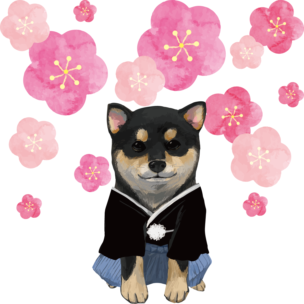 柴犬 黒毛の豆柴(お正月の正装男の子)戌年2018干支無料イラスト82620に写真・文字を入れる