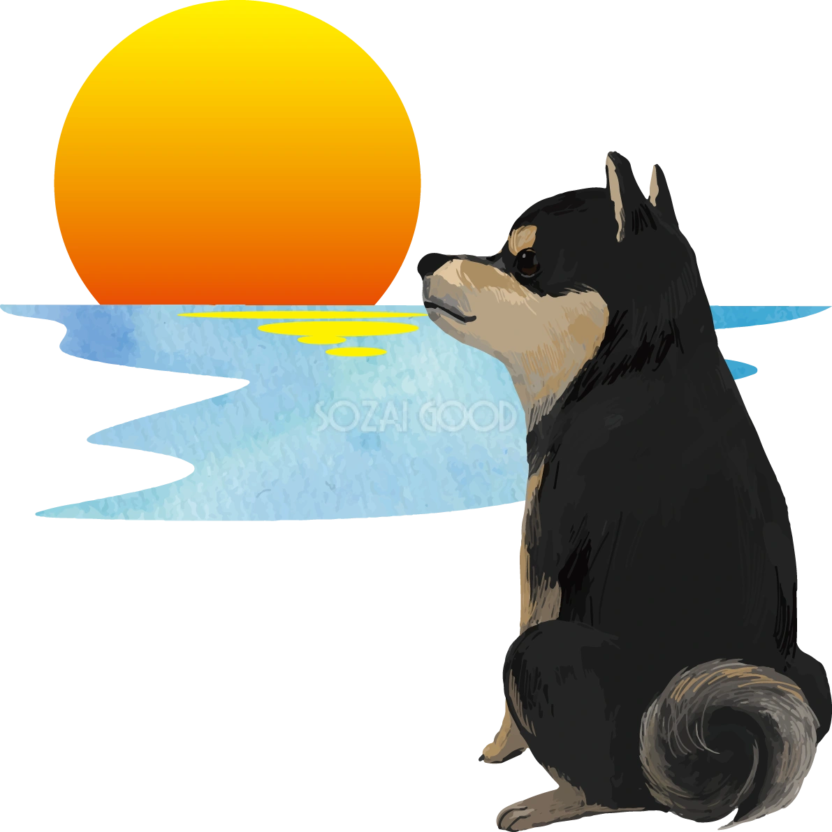 柴犬 黒毛の豆柴(初日の出)戌年2018干支無料イラスト82629