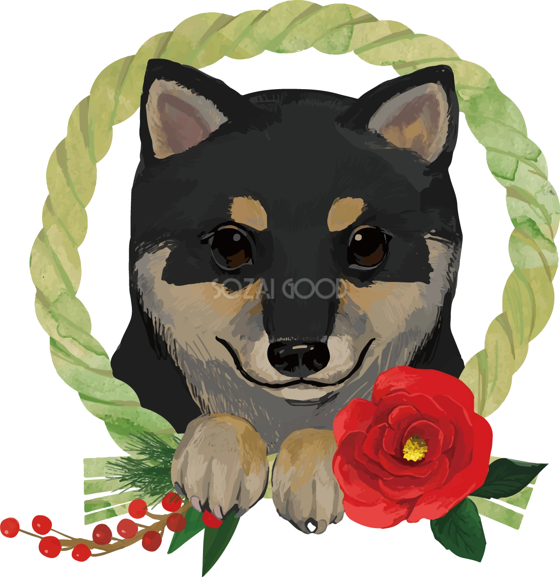 柴犬 黒毛の豆柴(正月飾り)戌年2018干支無料イラスト82631