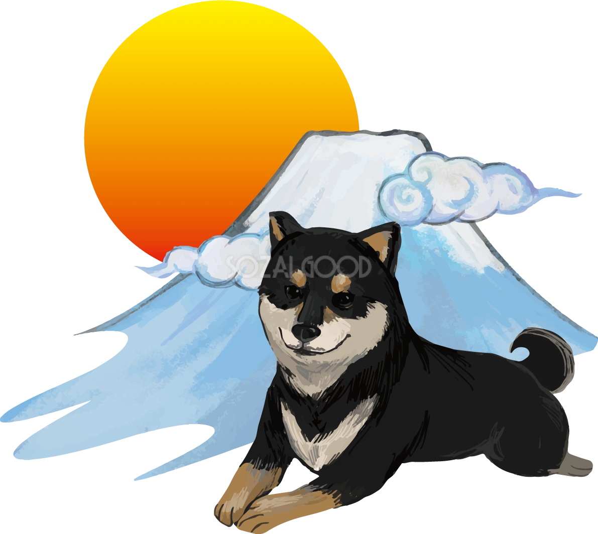 柴犬 黒毛の豆柴(富士山)戌年2018干支無料イラスト82635