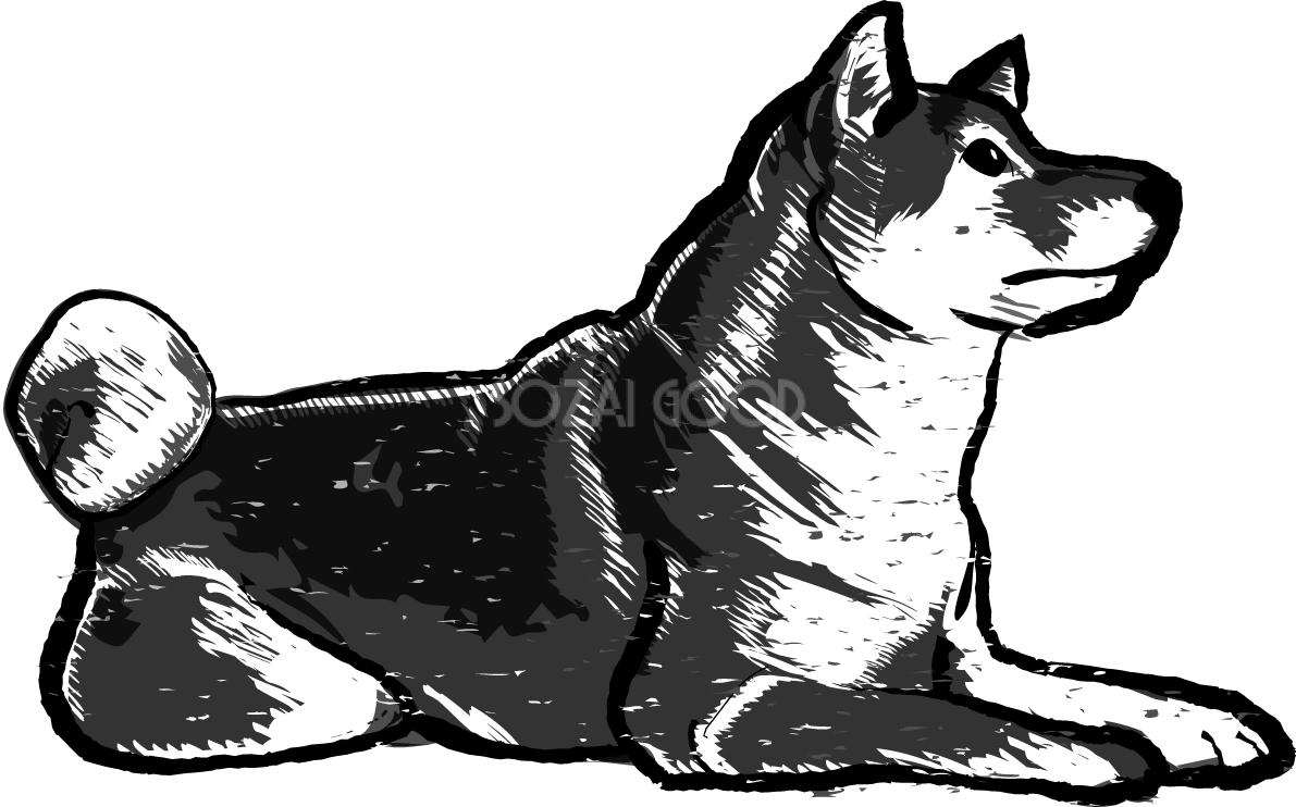 白黒柴犬の木版画 無料ラスト82762