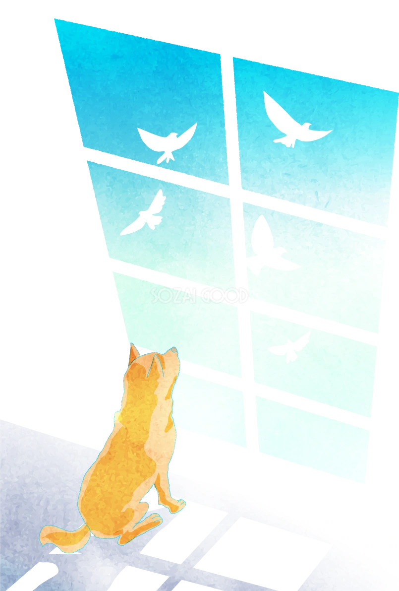 柴犬が窓の外を眺める背景(縦)無料イラスト82772