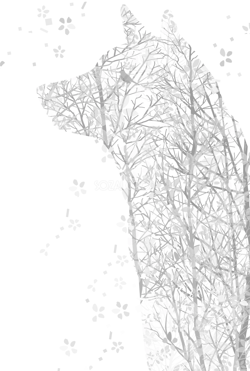 おしゃれ白黒の犬イラスト(無料)草花シルエット82787