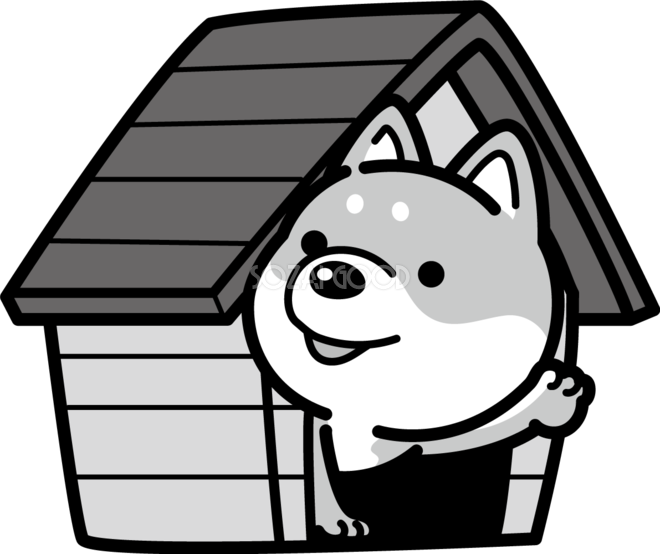 犬小屋から手を振る かわいい白黒の犬イラスト 無料 856 素材good