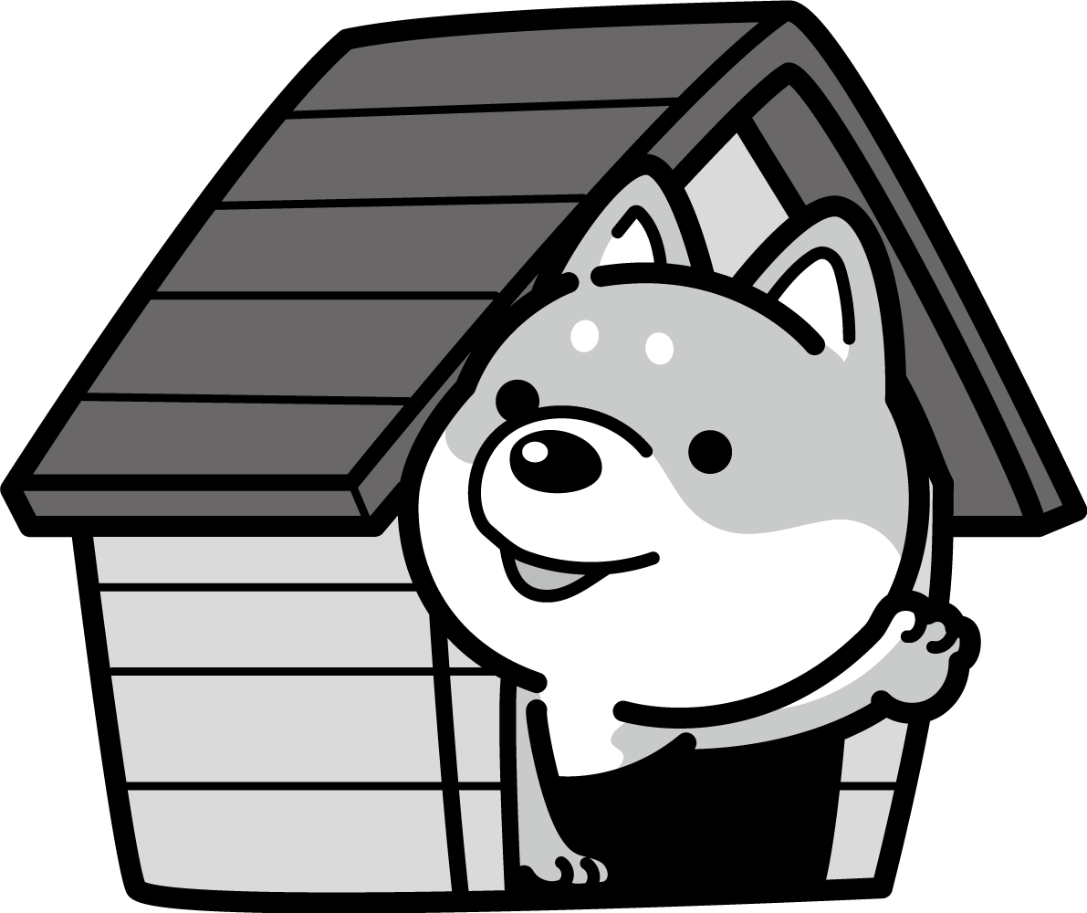 犬小屋から手を振る かわいい白黒の犬イラスト(無料)82856に写真・文字を入れる
