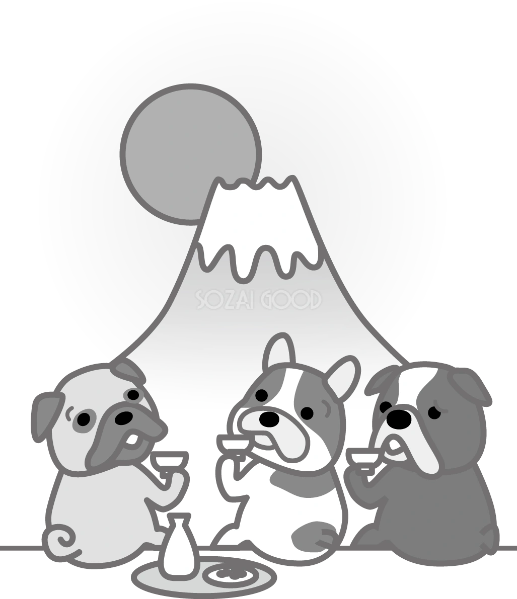 かわいい白黒の犬イラスト(無料)富士山を眺めるパグとブルドッグ82874