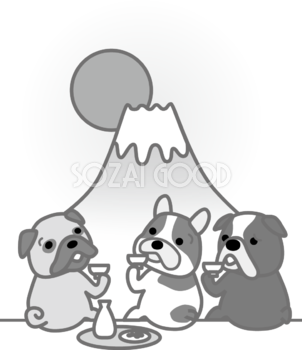 かわいい白黒の犬イラスト(無料)富士山を眺めるパグとブルドッグ82874