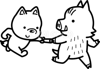 猪にバトンタッチする かわいい白黒の犬イラスト(無料)82885