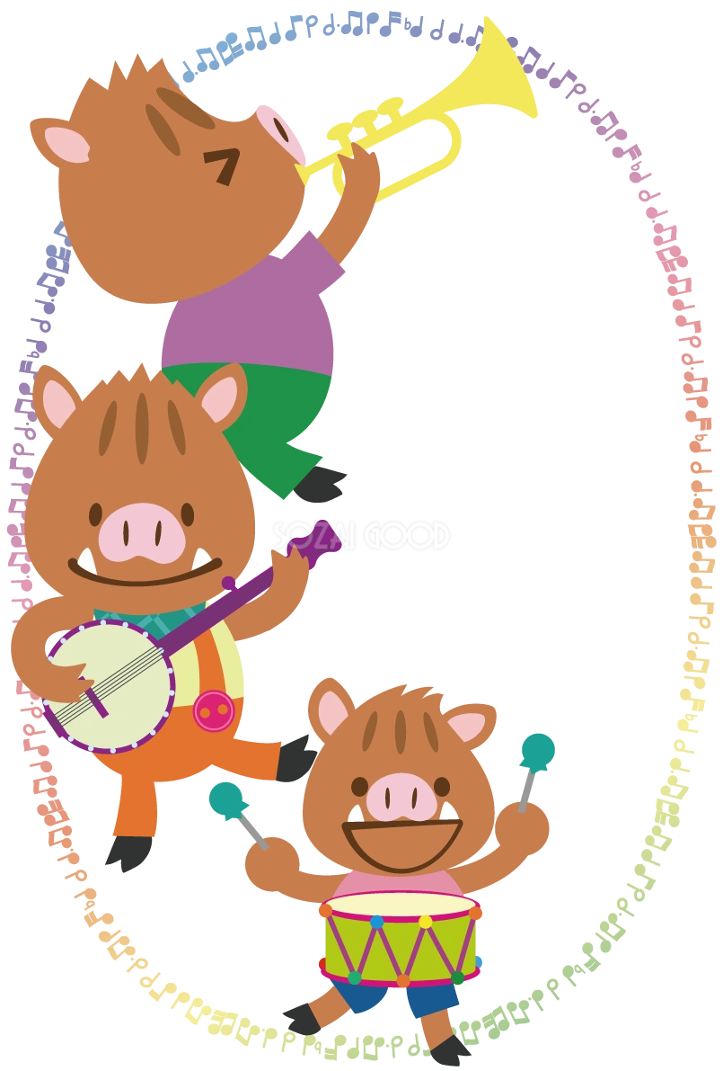 かわいいイノシシ(バンジョー)亥年の年賀状2019フレーム無料イラスト82954