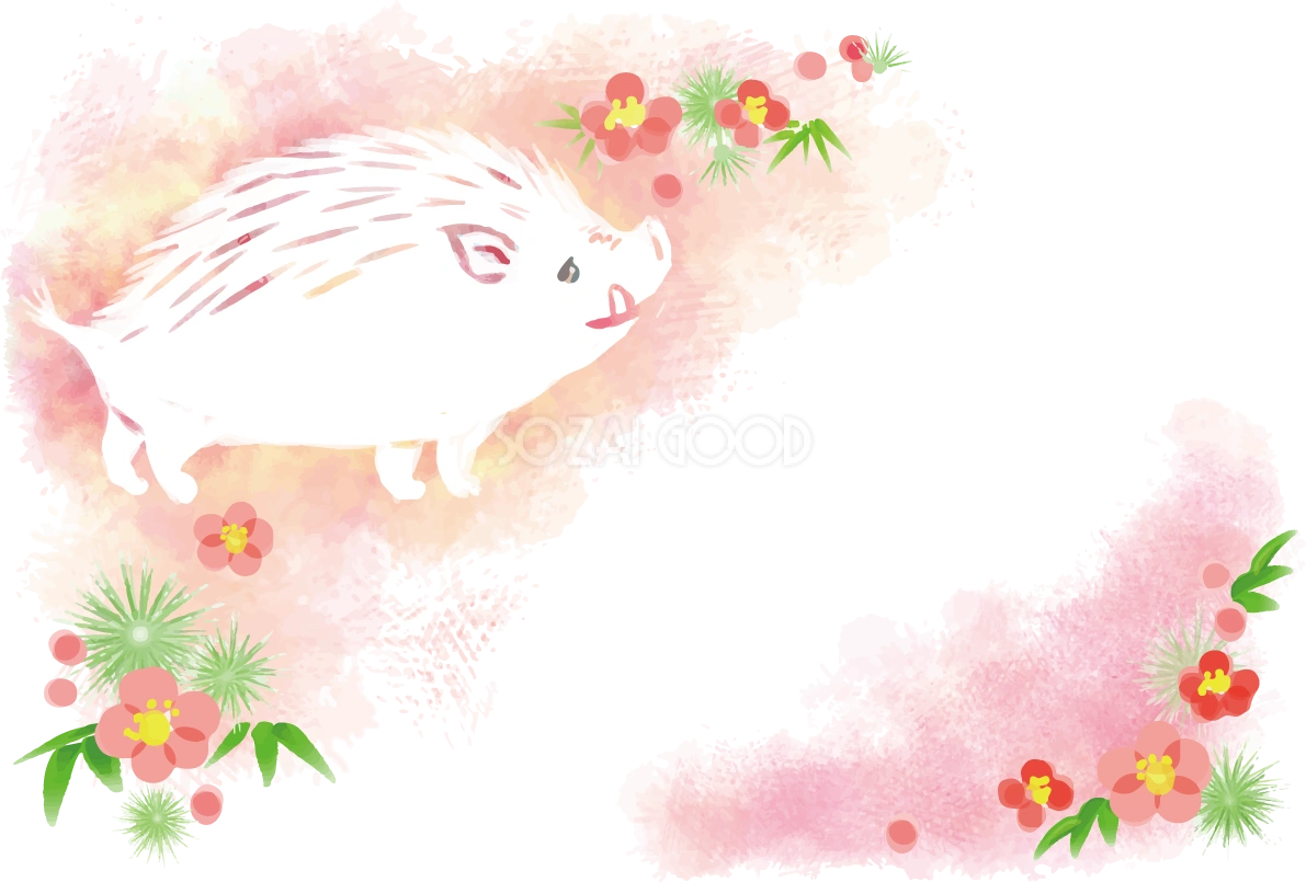 かわいいイノシシ(パステルカラーピンク)亥年の年賀状2019背景無料イラスト83003
