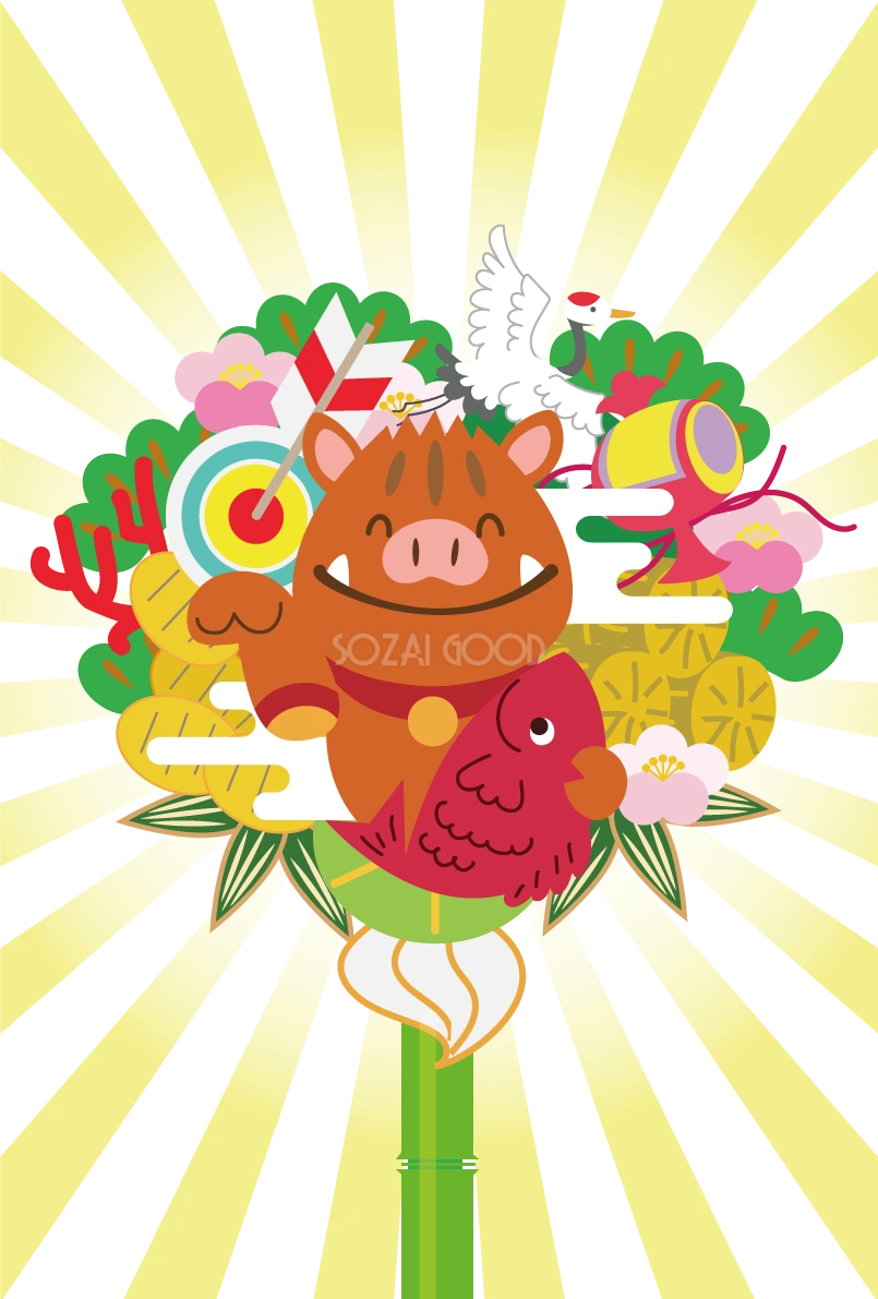 和風イノシシ(熊手)亥年の(縦)年賀状2019背景無料イラスト83008