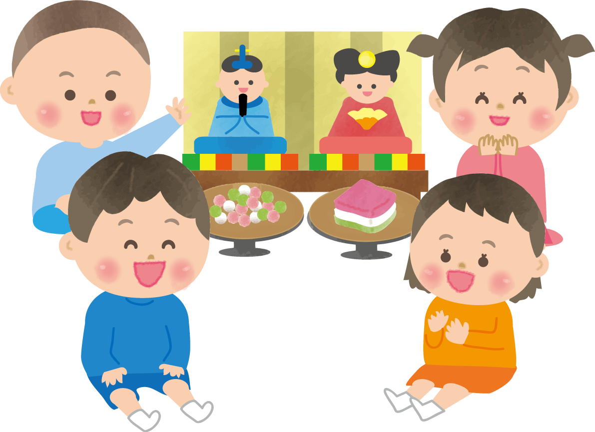 小さな男女４人の子供がひな祭りを楽しむ無料フリーイラスト83102に写真・文字を入れる