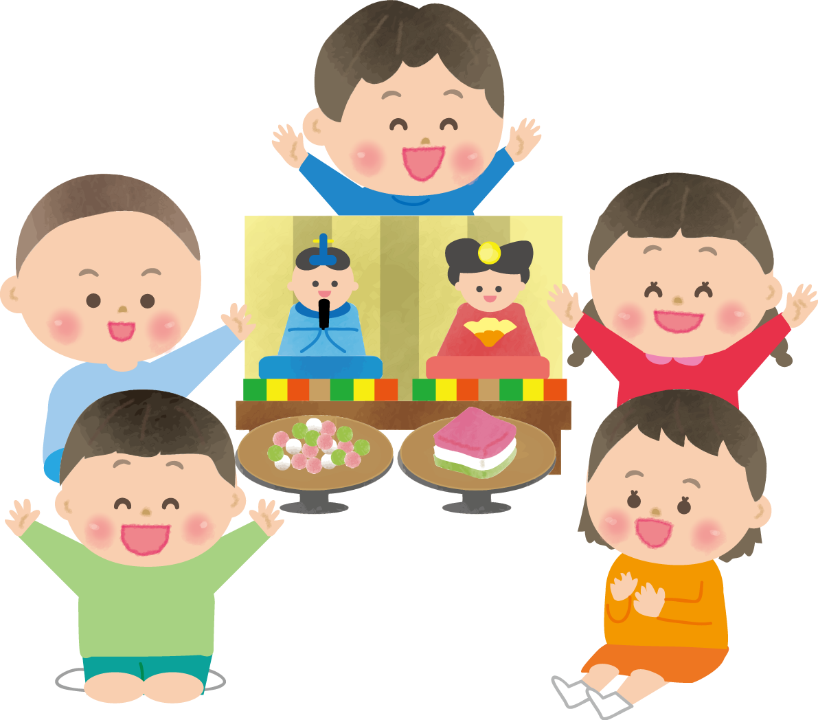 小さな男女５人の子供たちがひな祭りを楽しむ無料フリーイラスト83103に写真・文字を入れる