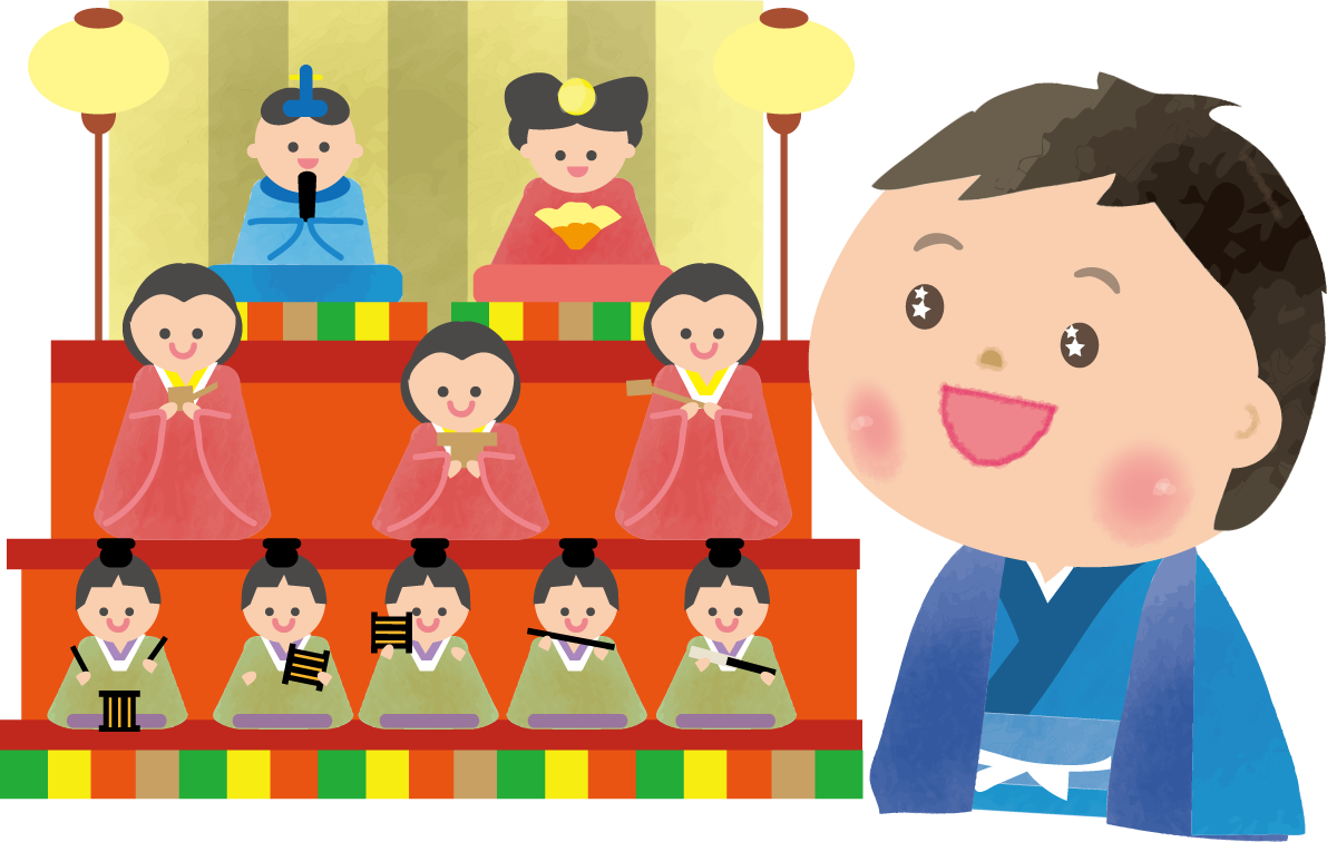 男の子が3段飾りのひな壇を眺めている-ひな祭り無料フリーイラスト83105に写真・文字を入れる