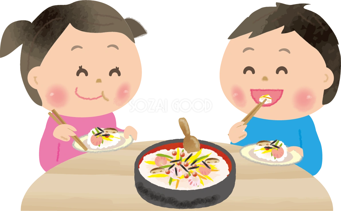 ちらし寿司を食べる女の子と男の子-ひな祭り無料フリーイラスト83111