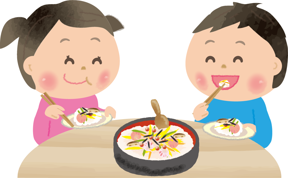 ちらし寿司を食べる女の子と男の子-ひな祭り無料フリーイラスト83111に写真・文字を入れる