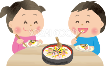 ちらし寿司を食べる女の子と男の子-ひな祭り無料フリーイラスト83111