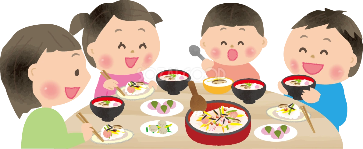 ひな祭りの料理を囲んで食べている男女子供たちの無料フリーイラスト83114