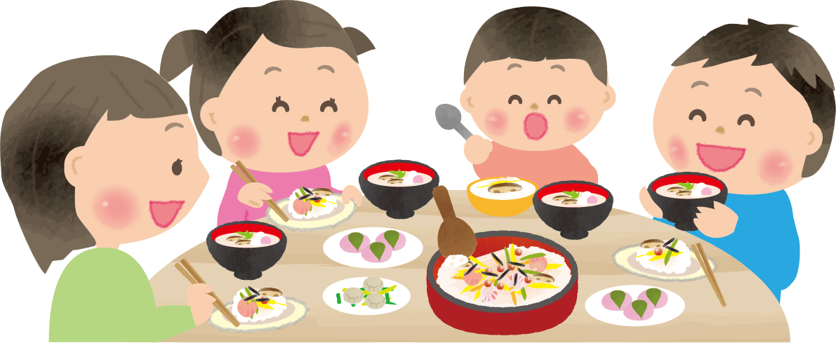 ひな祭りの料理を囲んで食べている男女子供たちの無料フリーイラスト83114に写真・文字を入れる