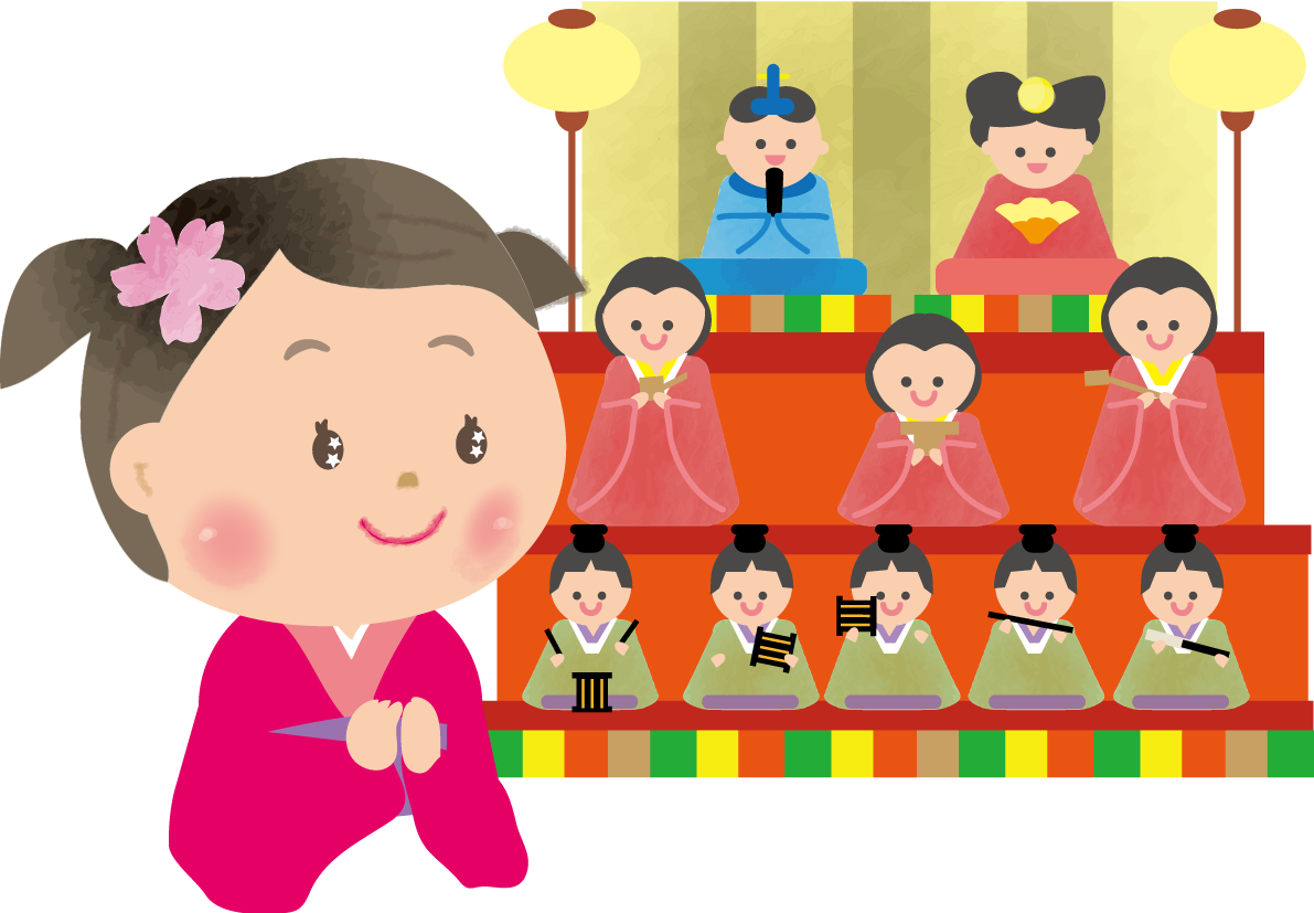 女の子が3段飾りを眺めるひな祭り無料フリーイラスト83115に写真・文字を入れる