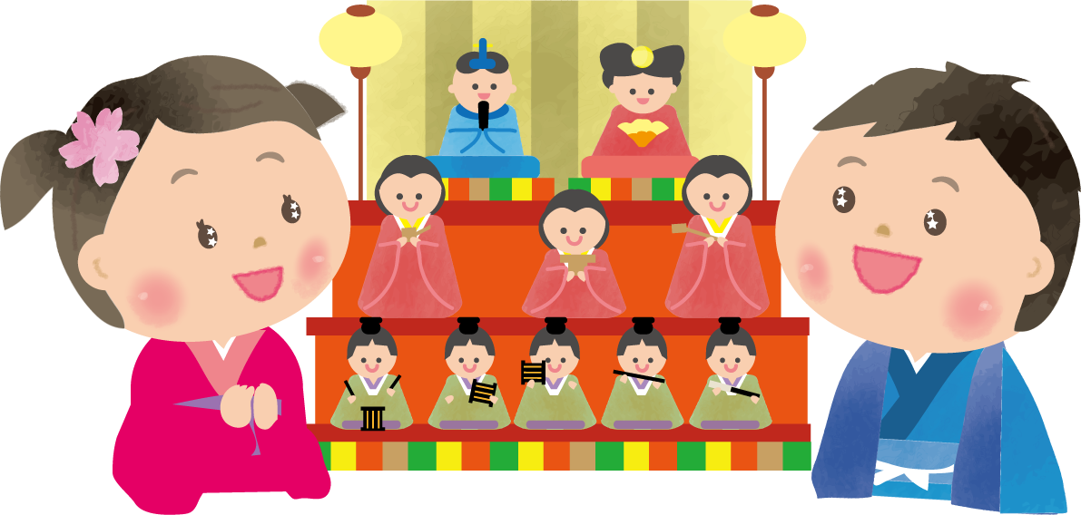 女の子と男の子が3段飾りのひな壇を眺めている-ひな祭り無料フリーイラスト83116に写真・文字を入れる