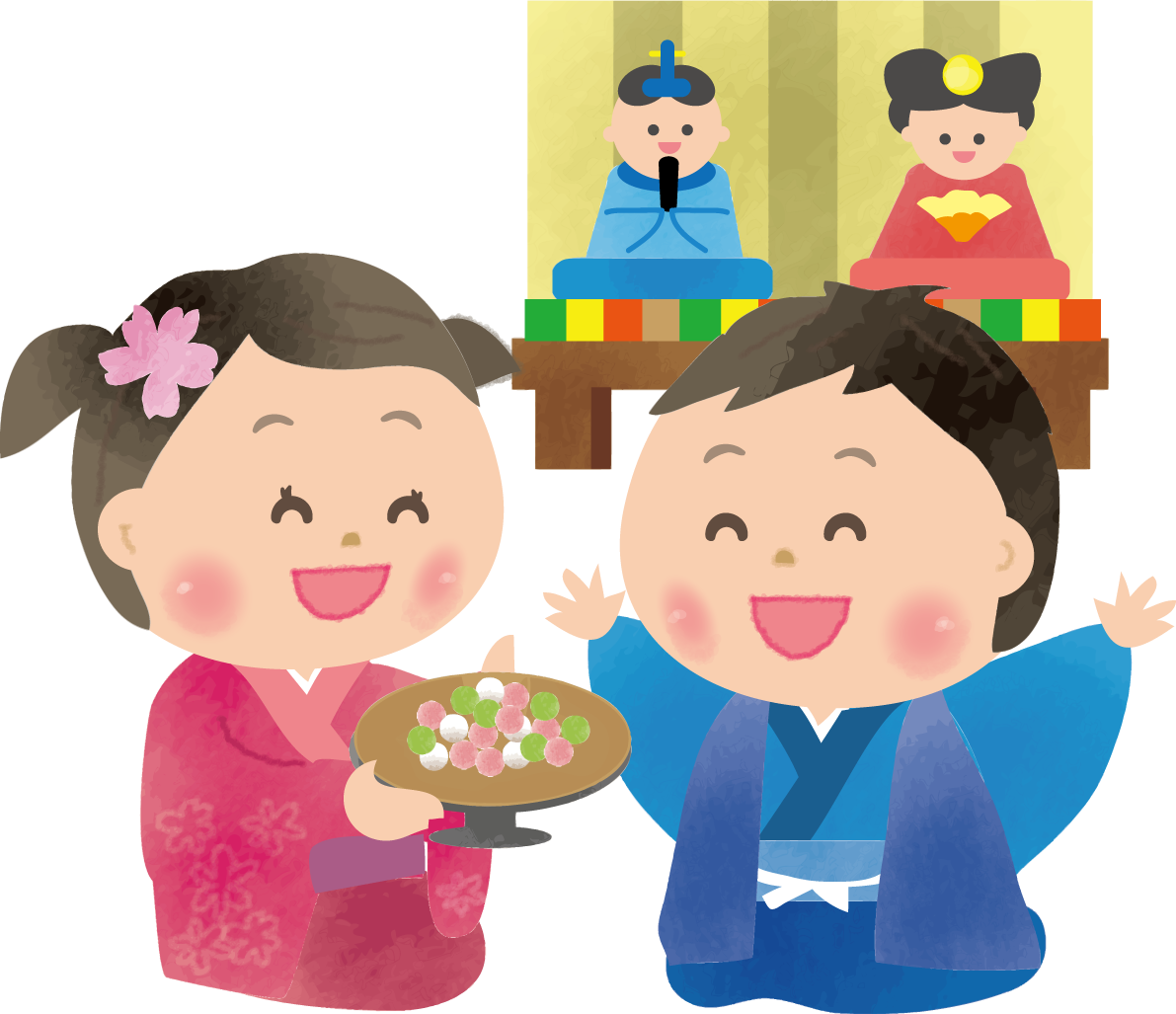 小さな男の子と女の子がひな祭りを楽しむ無料フリーイラスト83117に写真・文字を入れる