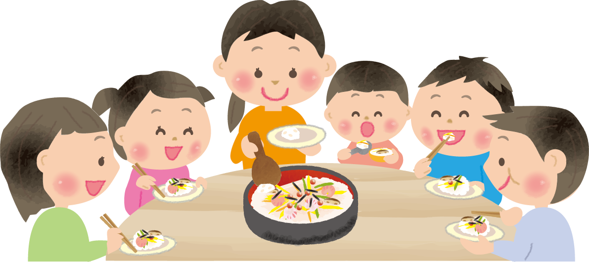 ちらし寿司を食べる姉妹兄弟と友達たち無料フリーイラストid}に写真・文字を入れる