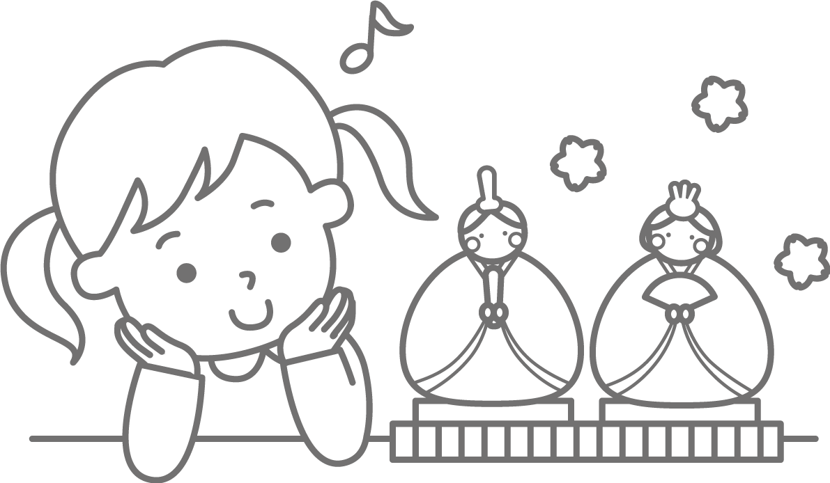 かわいいお内裏様とお雛様を見つめる女の子 ひな祭り(塗り絵)無料イラスト83177に写真・文字を入れる