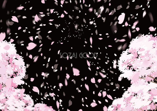 夜桜の黒背景にピンクの桜の花びらが風で舞うフリー無料イラスト83242 素材good