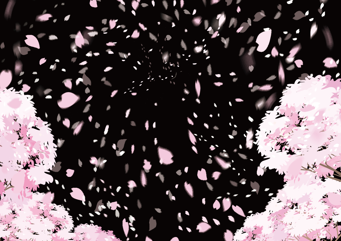 夜桜の黒背景にピンクの桜の花びらが風で舞うフリー無料イラスト83242に写真・文字を入れる