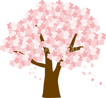 かわいい桜の花びらが舞う大きな桜の木イラスト無料(フリー)83344