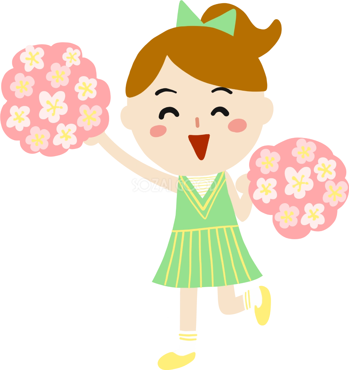 かわいい桜の木の枝をボンボンにして応援するチアリーダーイラスト無料(フリー)83369