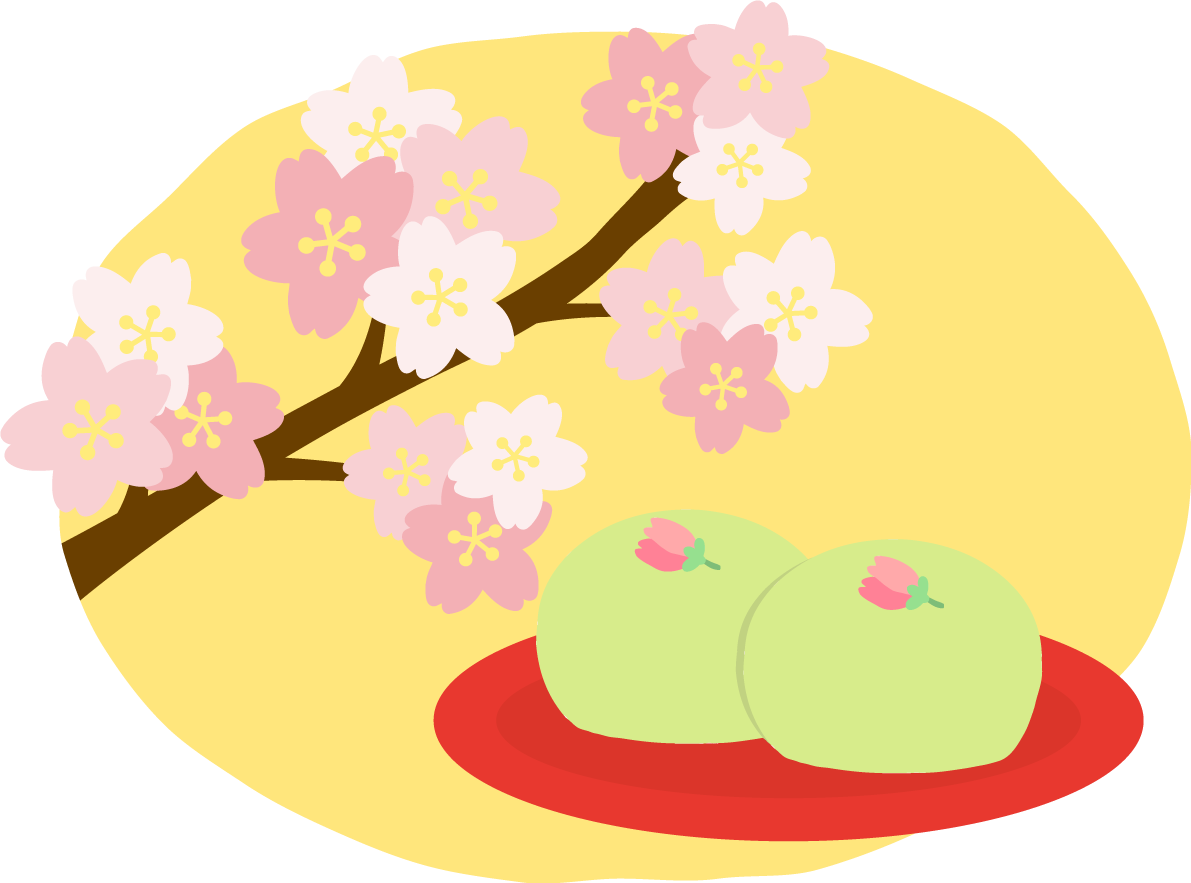 かわいい満開の桜とグリーンの桜まんじゅう(和菓子)イラスト無料(フリー)83373に写真・文字を入れる