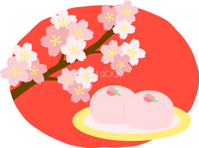 かわいい満開の桜とピンクの桜まんじゅう 和菓子 イラスト無料 フリー 375 素材good