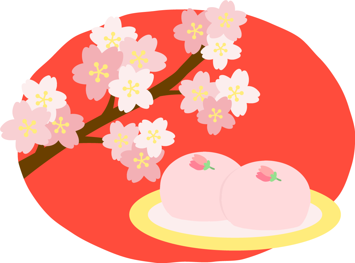 かわいい満開の桜とピンクの桜まんじゅう(和菓子)イラスト無料(フリー)83375に写真・文字を入れる