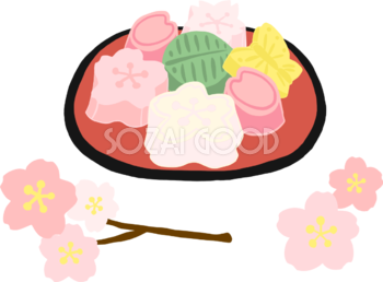 かわいい満開の桜と干菓子(和菓子)イラスト無料(フリー)83376