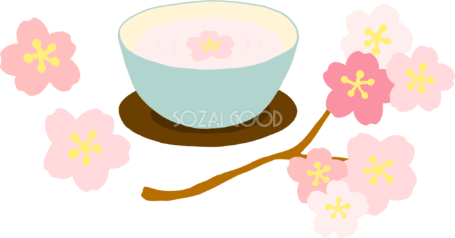 かわいい満開の桜と桜茶 和菓子 イラスト無料 フリー 83377 素材good