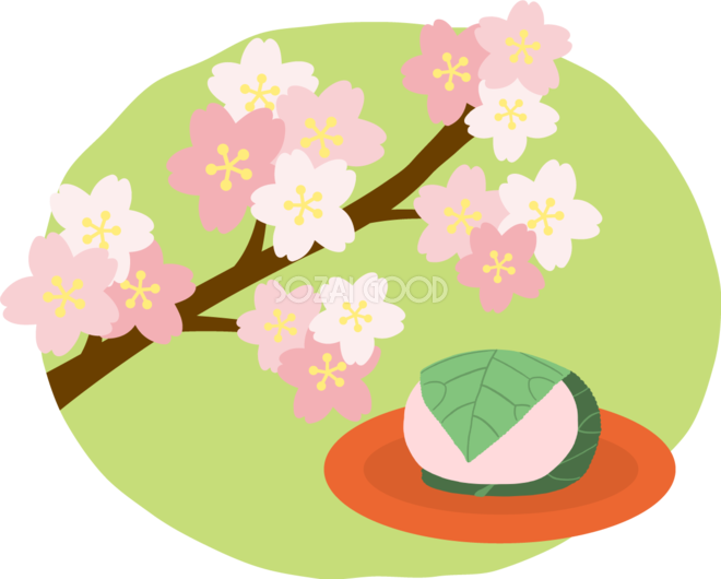 かわいい満開の桜と桜餅 和菓子 イラスト無料 フリー 83378 素材good