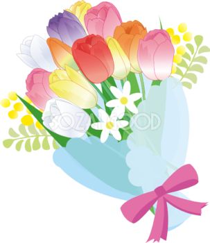カラフルなチューリップなどの春の花束フリー無料イラスト83386