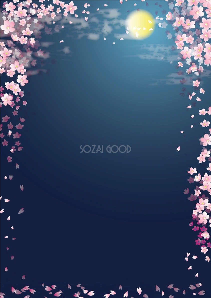 (桜月詠)夜桜の背景(青 ブルー)フレーム枠素材おしゃれイラスト無料フリー83479