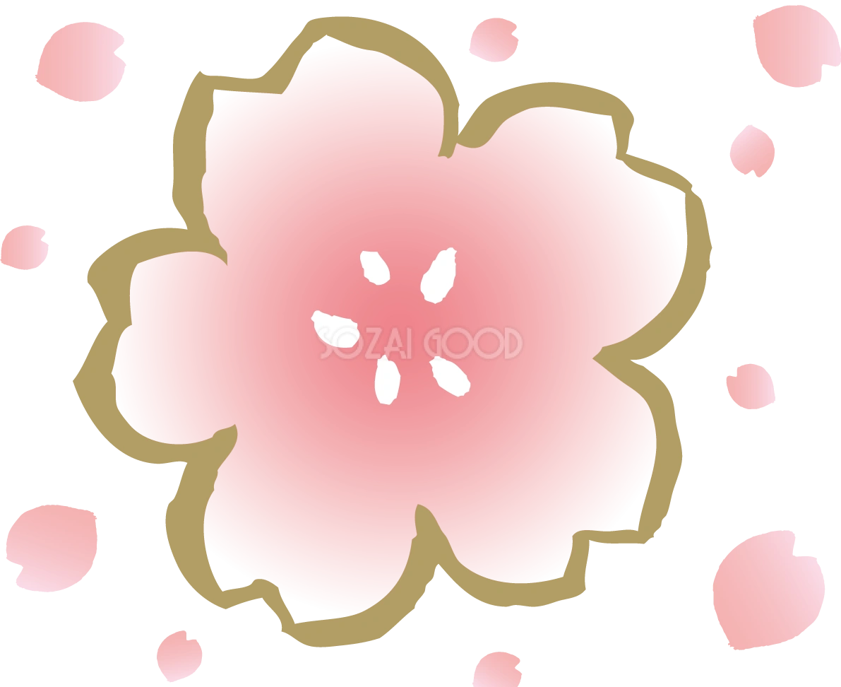桜の花とたくさんの花びら 和風(筆 墨)桜の無料フリーイラスト83492