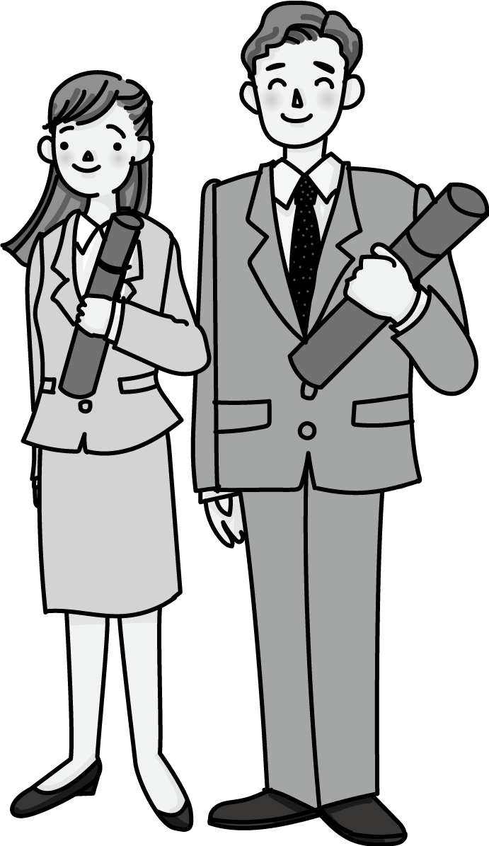 大人っぽい男性と女性が卒業証書を持ち笑顔のモノクロ白黒イラスト無料フリー83545に写真・文字を入れる