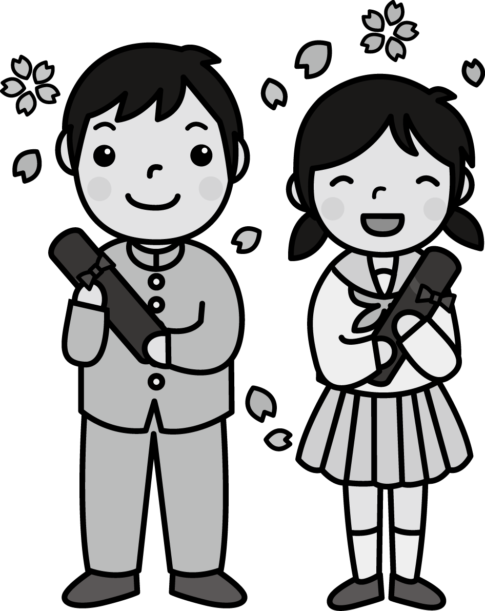 男の子と女の子が卒業証書を持ち笑顔のモノクロ白黒イラスト無料フリー83546に写真・文字を入れる