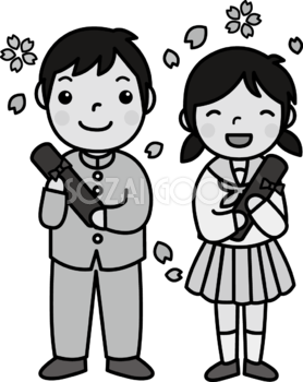 男の子と女の子が卒業証書を持ち笑顔のモノクロ白黒イラスト無料フリー83546