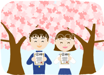学生服の男女が合格証書を持ち笑顔の桜イラスト無料(フリー)83549