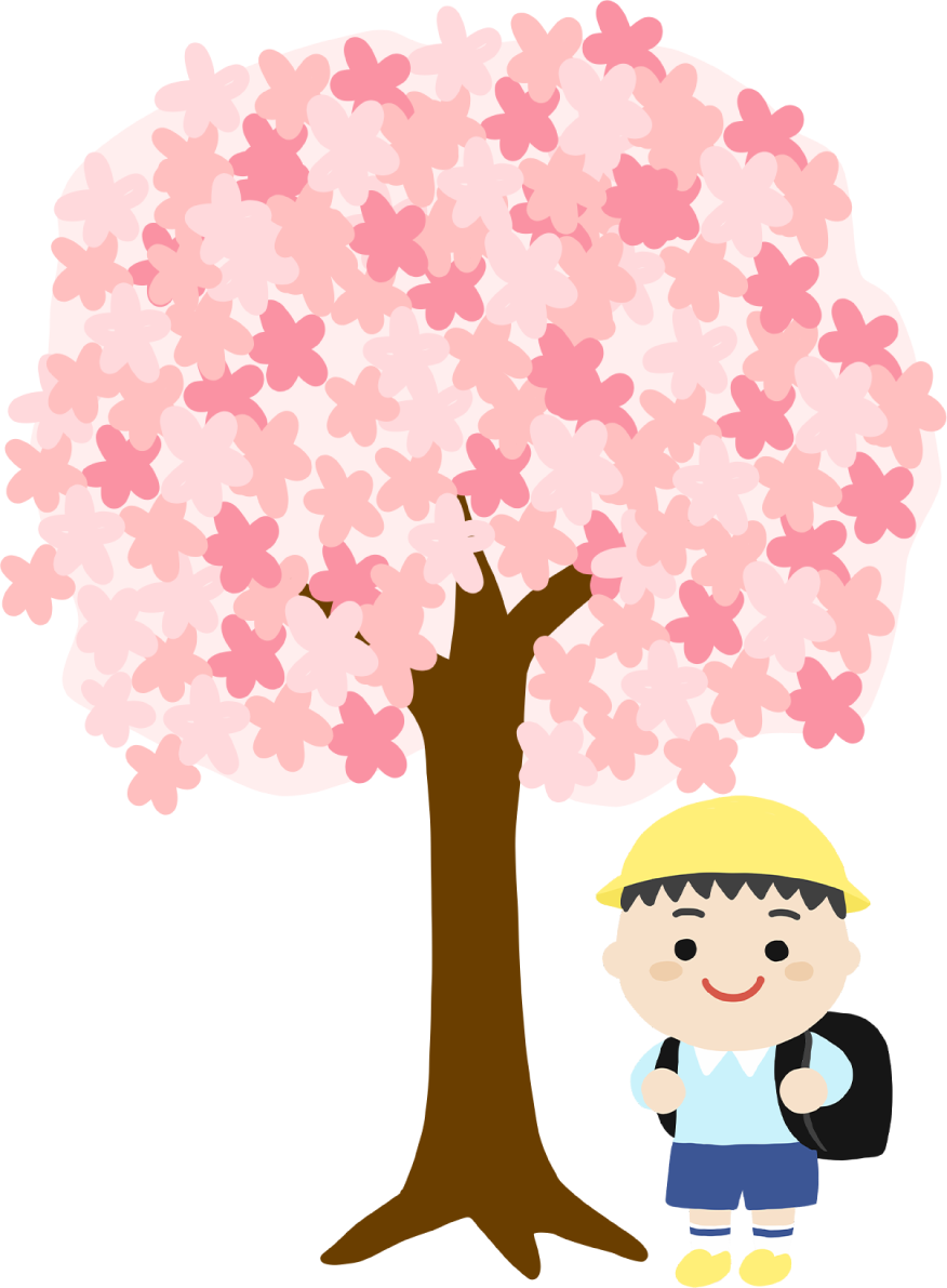 桜の下にいる黒いランドセルに黄色い帽子の男の子イラスト無料(フリー)83550に写真・文字を入れる