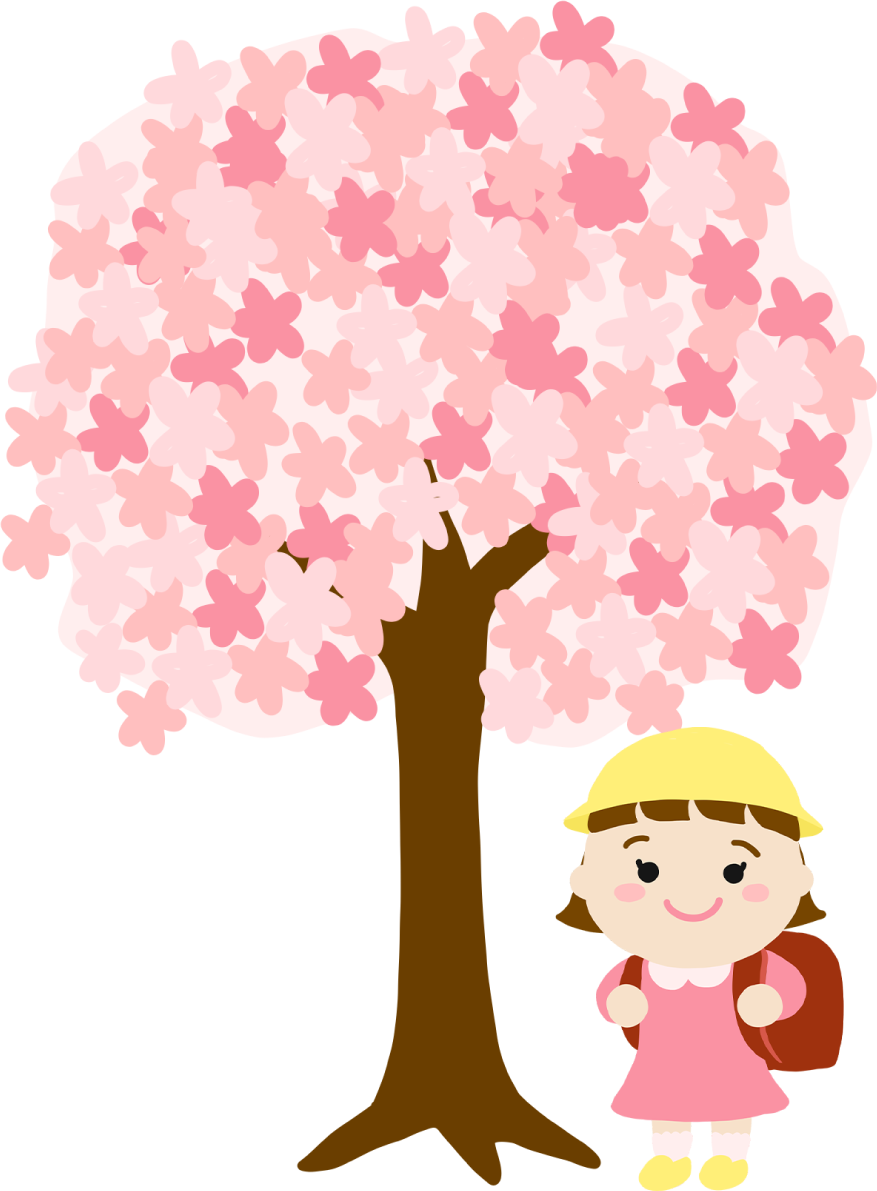 桜の下にいる赤いランドセルに黄色い帽子の女の子イラスト無料(フリー)83551に写真・文字を入れる