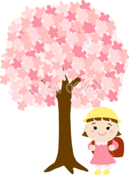 桜の下にいる赤いランドセルに黄色い帽子の女の子イラスト無料(フリー)83551