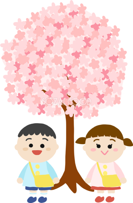 桜の下にいる幼稚園の制服に黄色いカバンの子供イラスト無料 フリー 83552 素材good